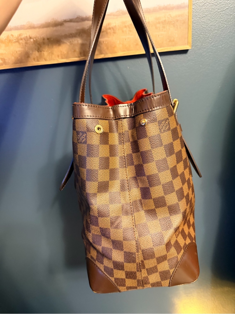 Vintage Louis Vuitton Brown Damier Ebene Hampstead MM Canvas Tote w/Gold Plaque - Picture 4 of 13